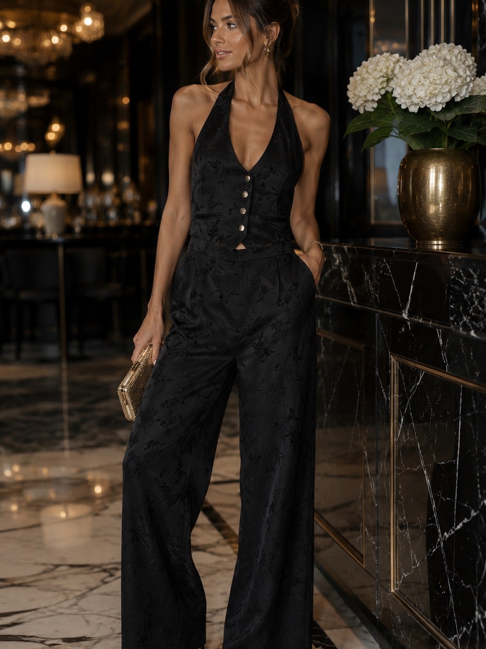 Zara Black Jacquard Halter Jumpsuit Wide Leg Open Back Gold Button NWOT Small